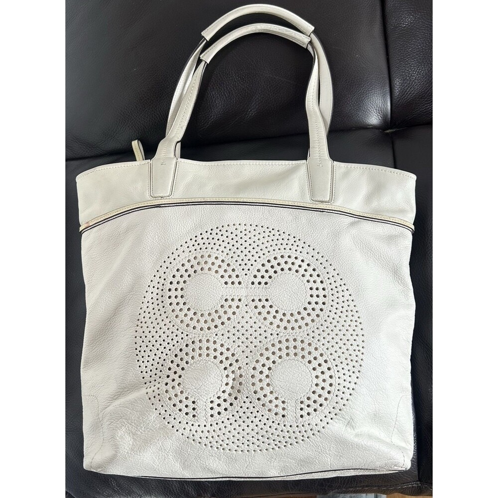 Coach 17041 Audrey Leigh Laser Cut Perforated Ivory Leather Tote Shoulder Bag